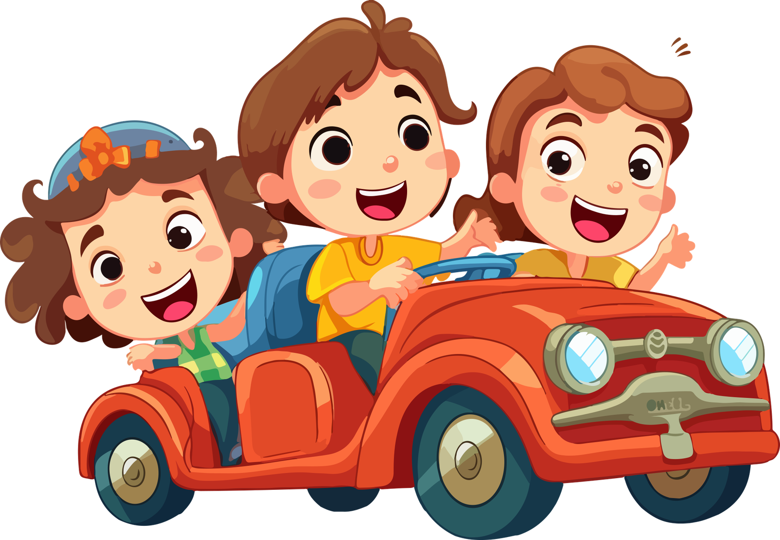 Three happy kids riding in a car