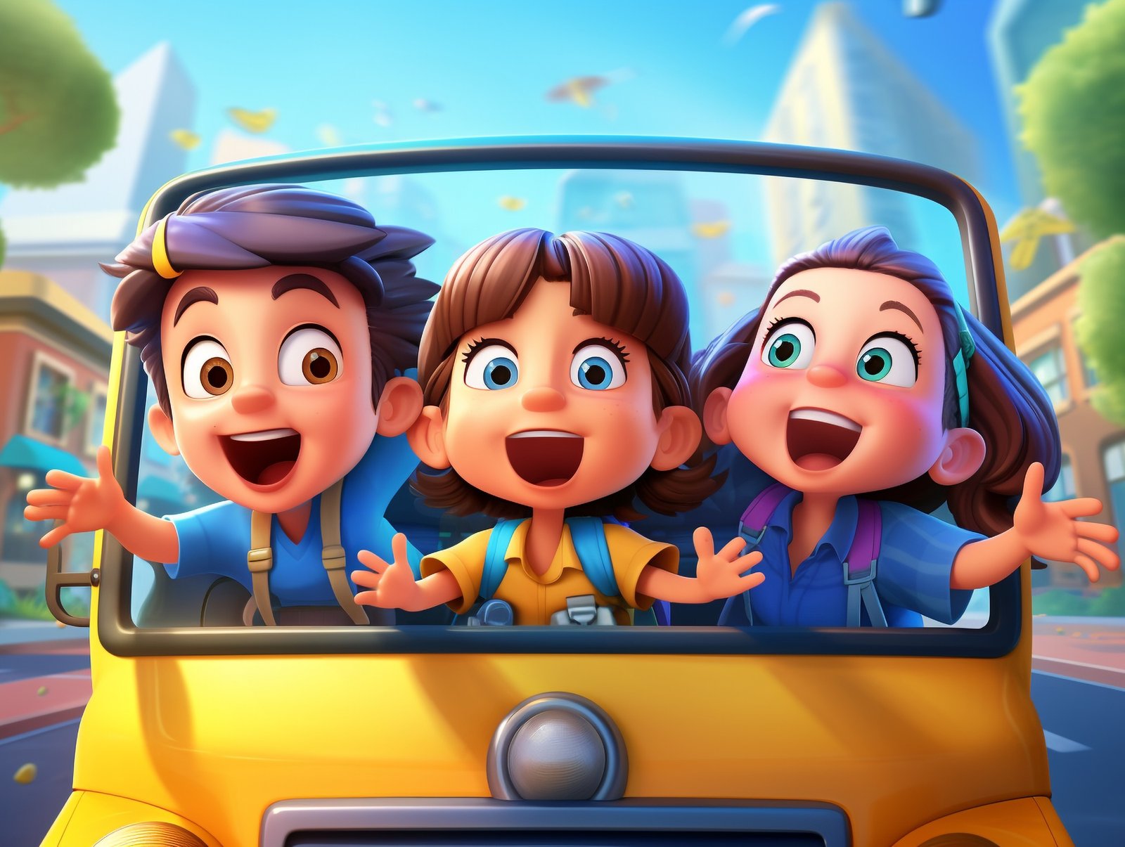 A trio of happy kids with sparkling eyes enjoying their journey on the school bus